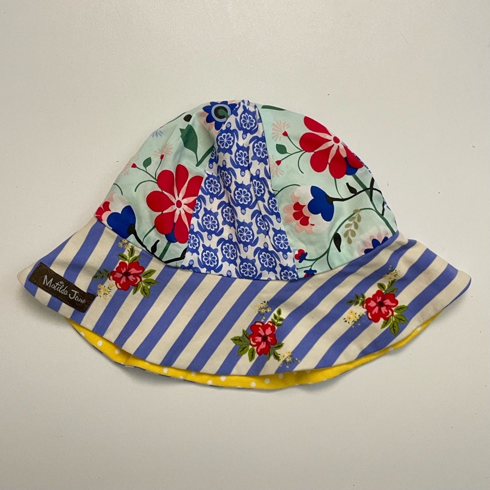 Matilda Jane Hat Reversible Patchwork Polka Dots Floral Stripe Blue Yellow Baby